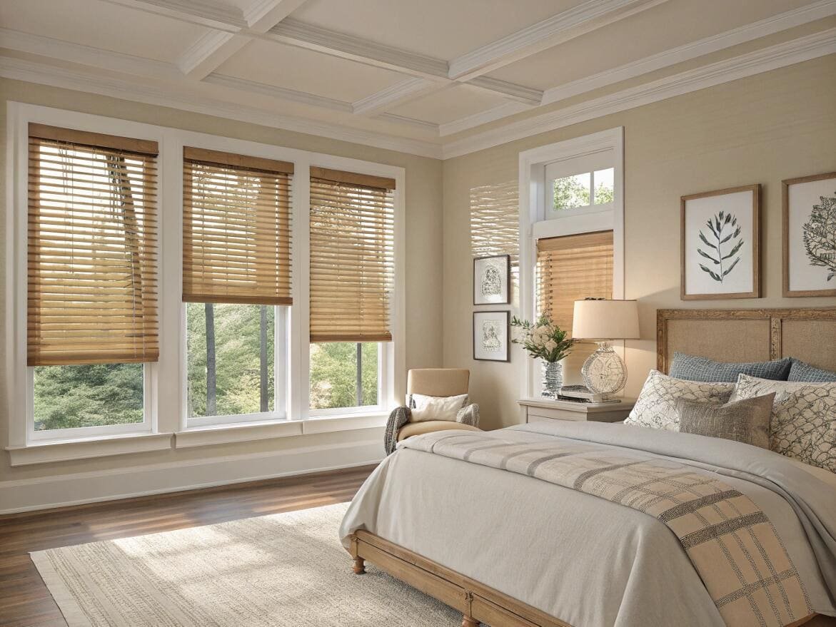 Bright bedroom featuring natural wood blinds for warm, adjustable light and privacy.