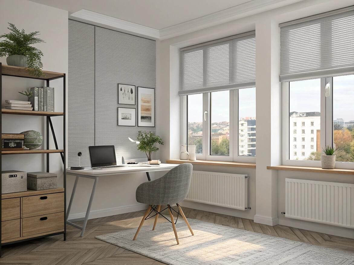 Modern home office with light gray cellular shades providing perfect, glare-free task lighting.