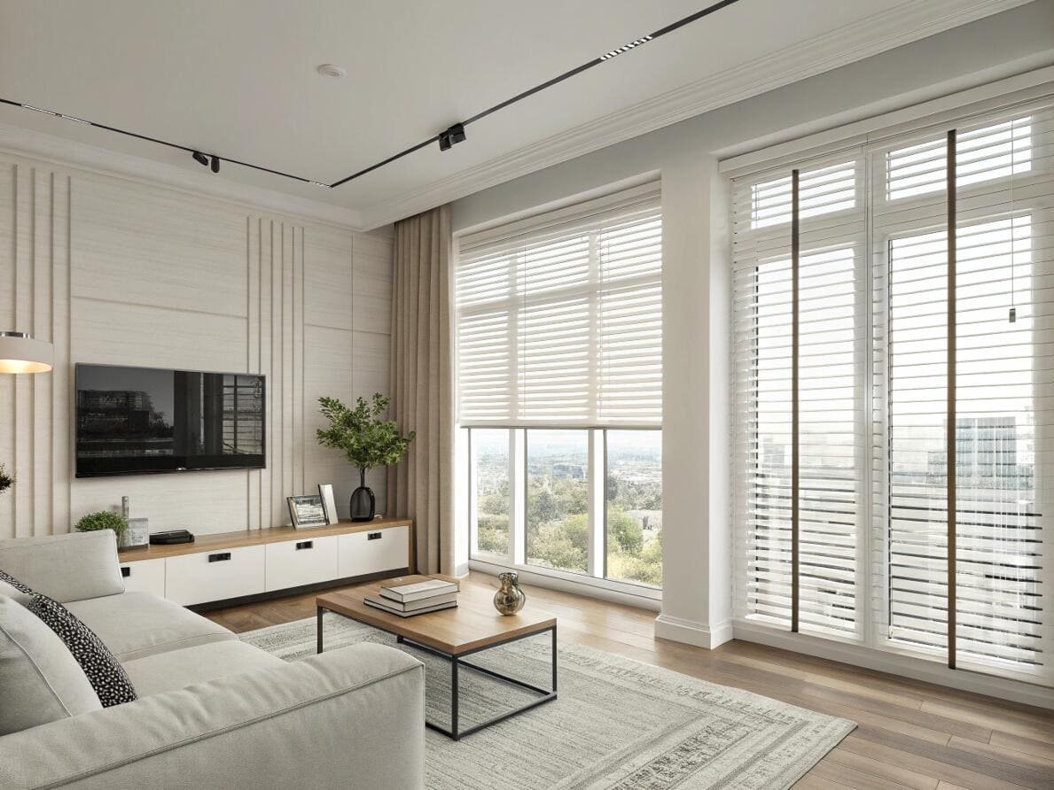 Bright living room featuring classic white wood blinds with decorative tapes for design.