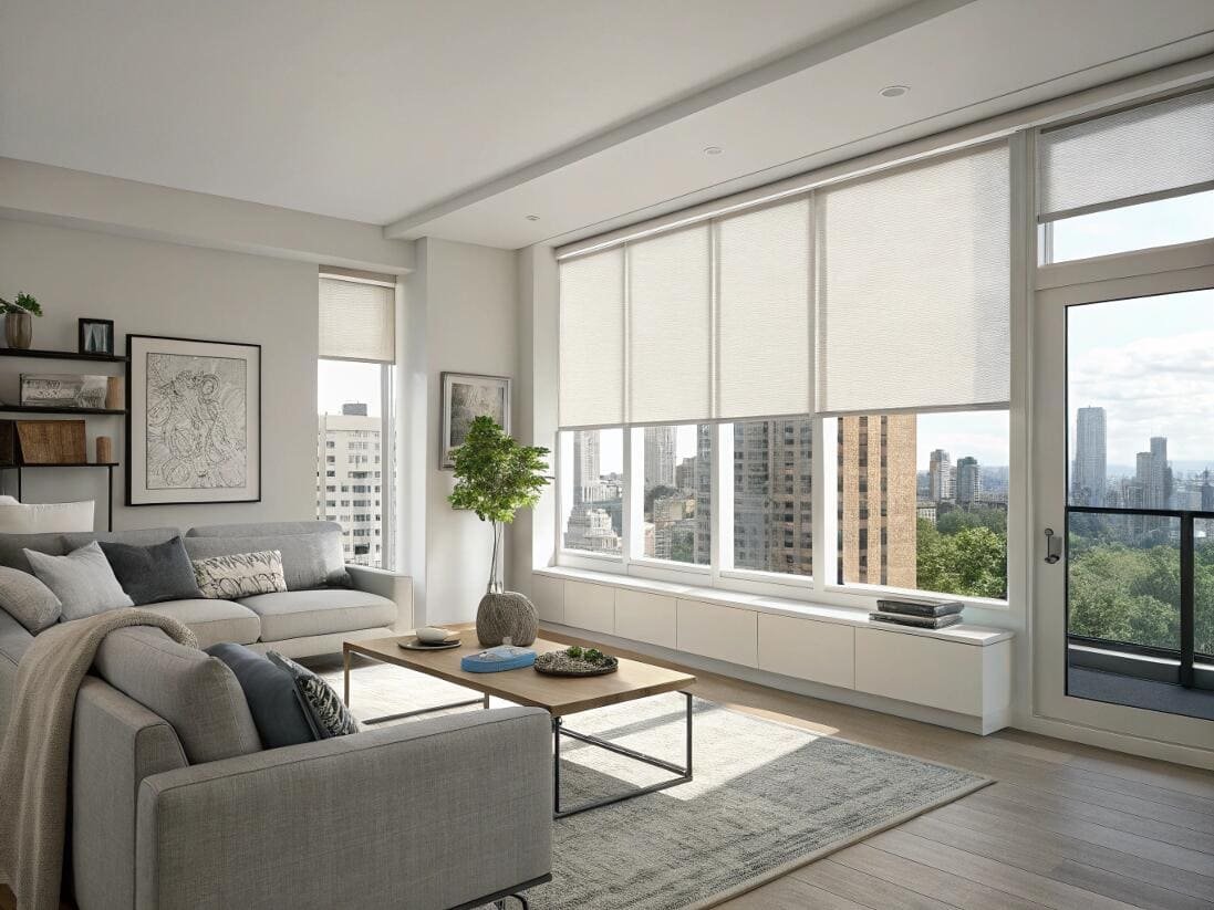 Bright apartment living room with energy-efficient cellular shades offering city views and insulation.