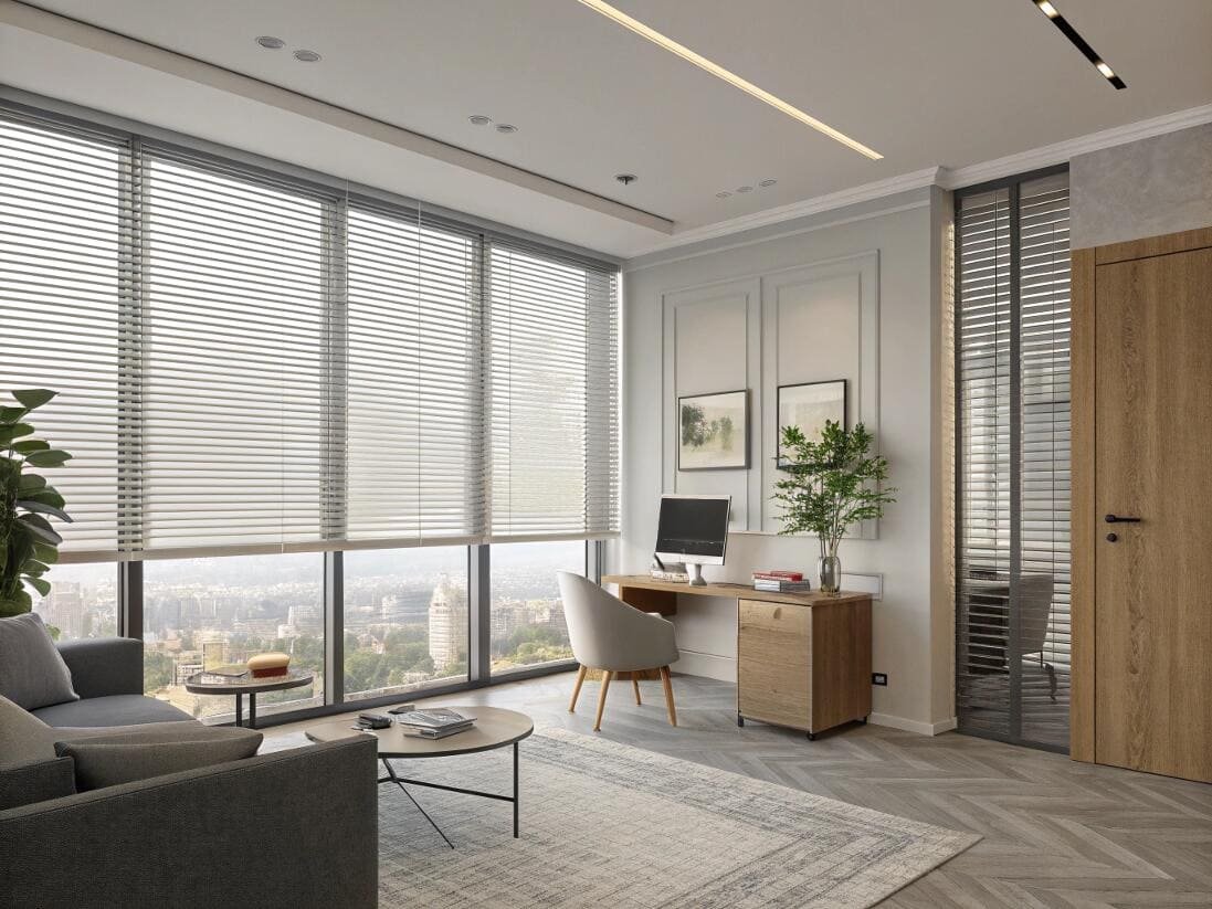 Modern home office with Venetian blinds offering city views and precise light control.