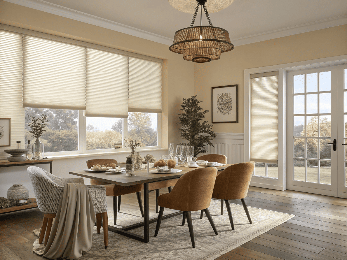 Warm dining room with cordless, light-filtering cellular shades on windows and French doors.