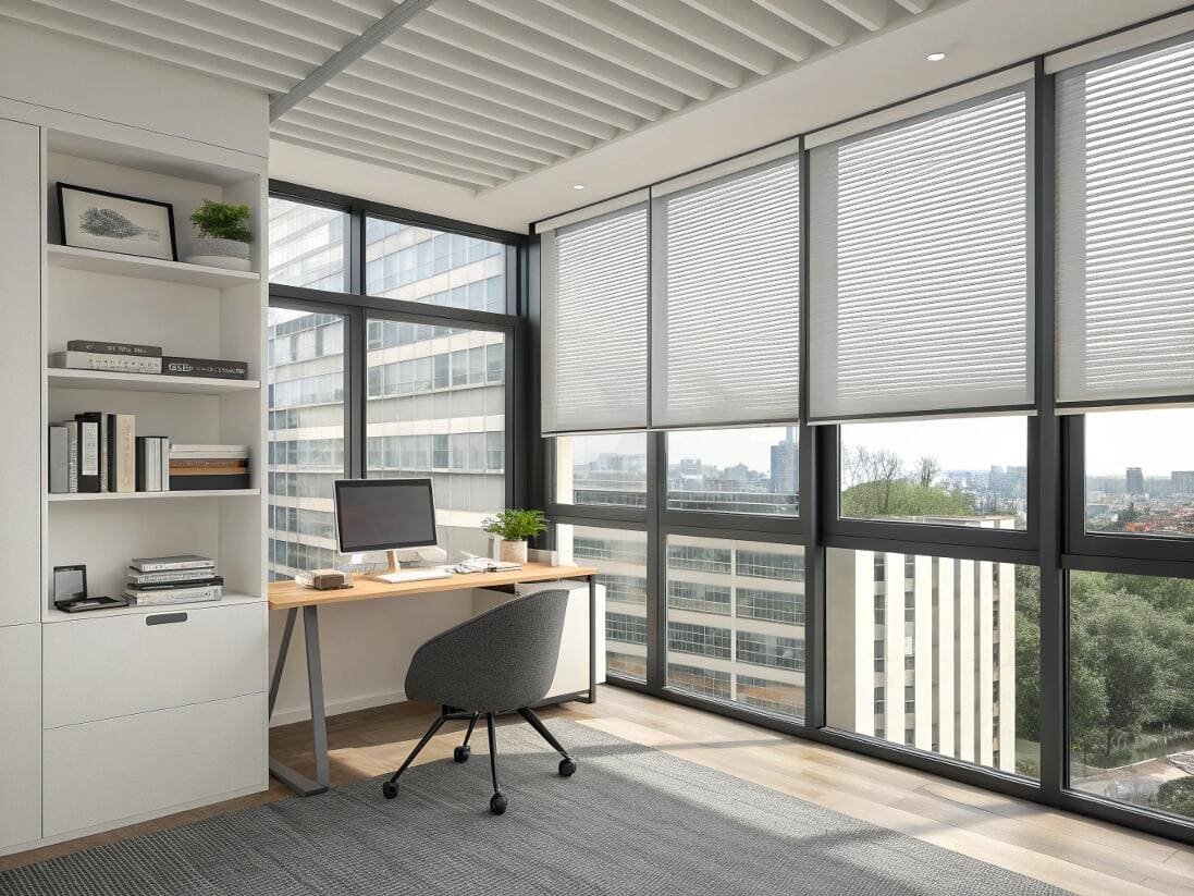 Modern office with light-filtering cellular shades for a productive, glare-free workspace.