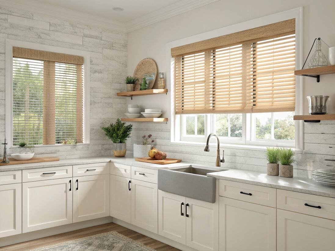 Farmhouse kitchen featuring moisture-resistant faux wood blinds for a warm, natural look.