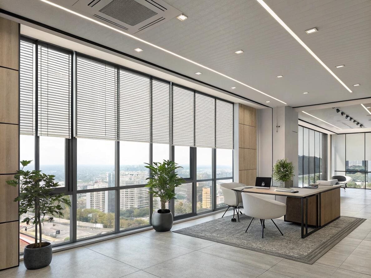 Bright commercial office featuring energy-efficient pleated shades for optimal light and productivity.