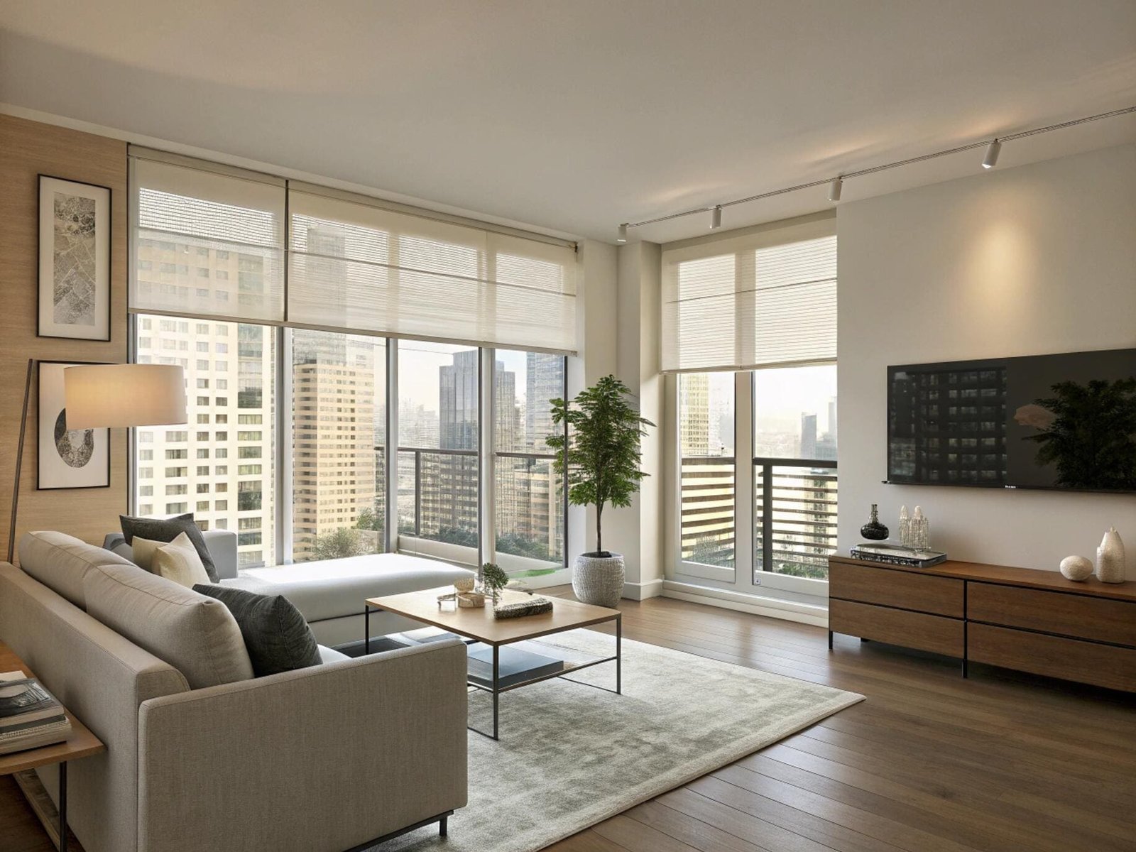 Contemporary apartment living room with versatile top-down roman shades for customized light control.