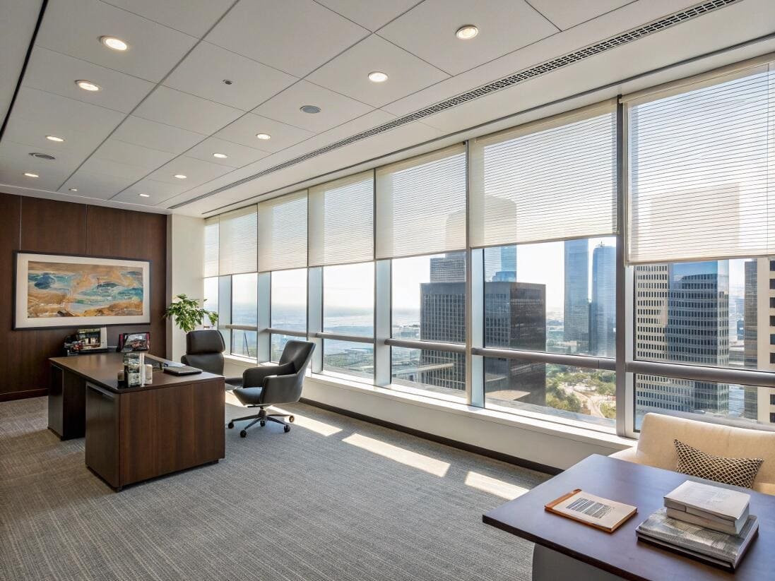 Executive commercial office with motorized venetian blinds overlooking a stunning city skyline.