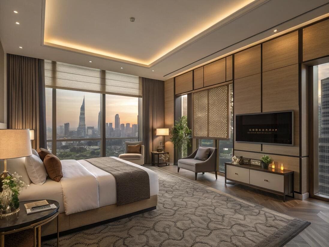 Luxury hotel bedroom featuring elegant roman shades framing a stunning city skyline.