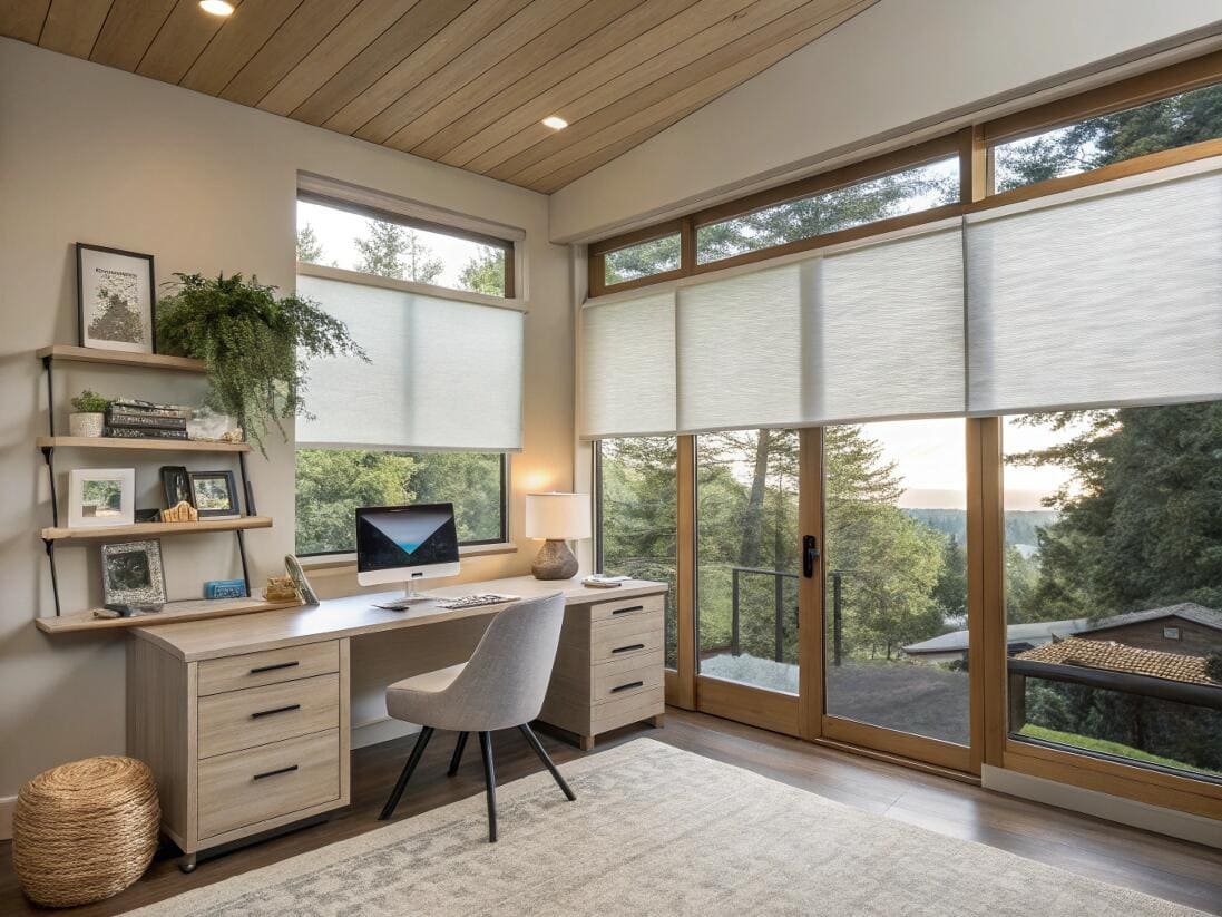 Home office with versatile top-down shades for functional lighting and serene forest views.