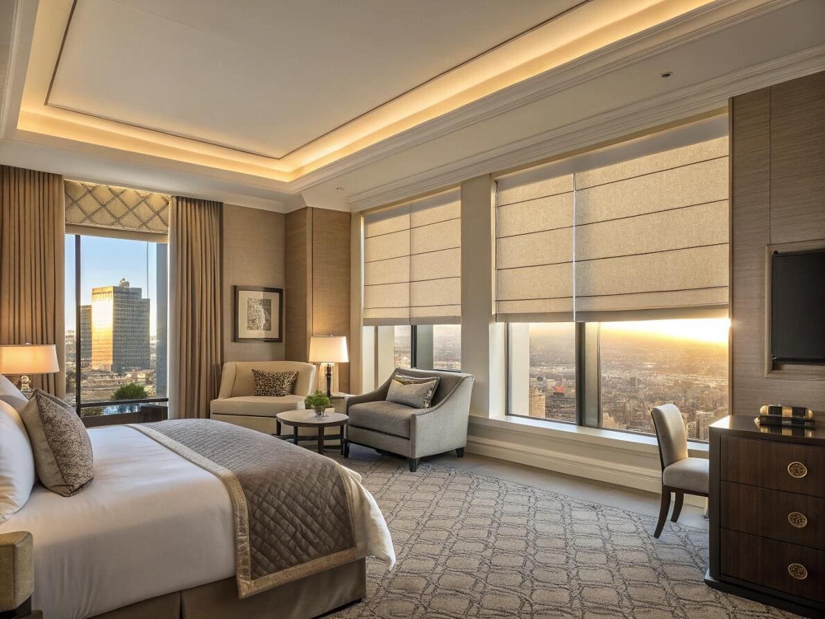Elegant hotel suite with automated flat roman shades offering stunning sunset city views.