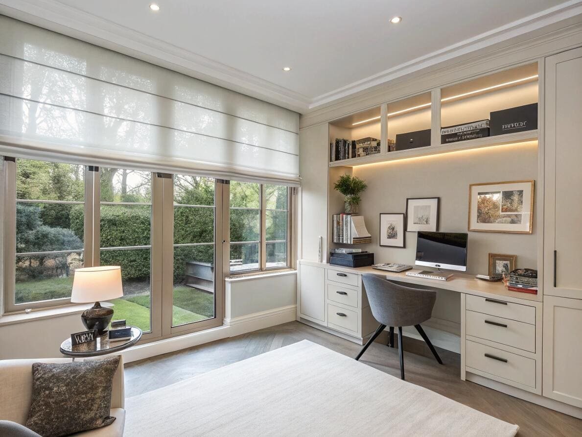 Elegant home office featuring a custom light-filtering Roman shade for a productive workspace.