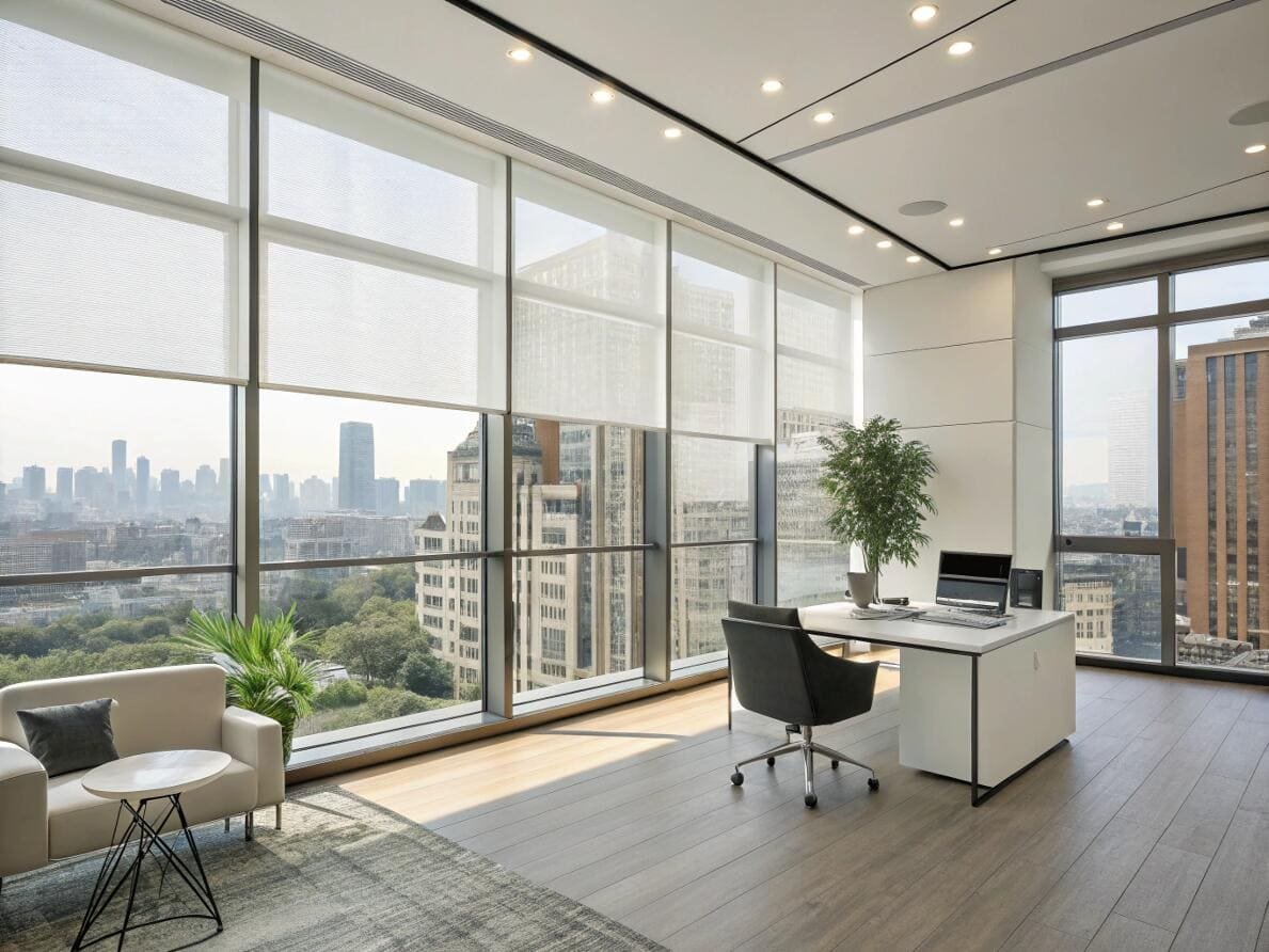 Bright corporate office with light-filtering solar shades managing glare on city view windows.