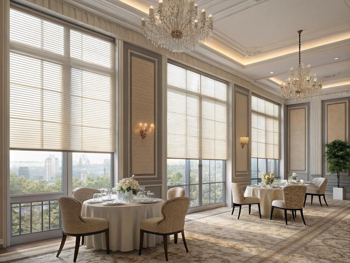 Classic dining hall with custom cellular shades on tall windows for a refined ambiance.