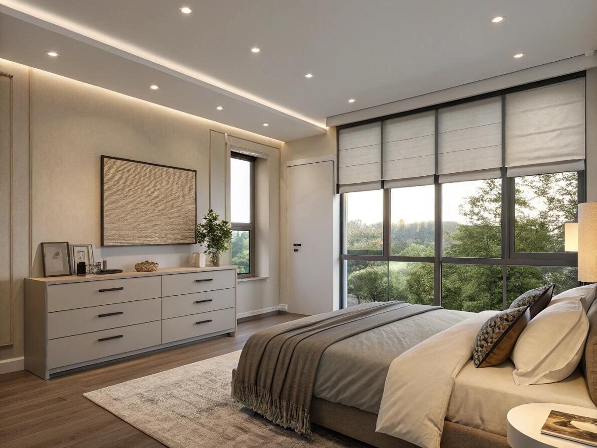 Modern bedroom with elegant, flat Roman shades providing privacy and a sophisticated look.