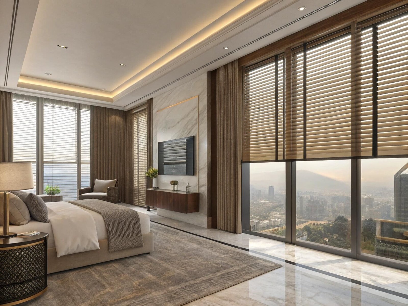 Luxury high-rise hotel suite with large automated wooden blinds on floor-to-ceiling windows.