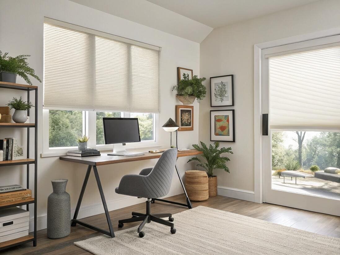Bright home office with light-filtering cellular shades for a productive, glare-free workspace.