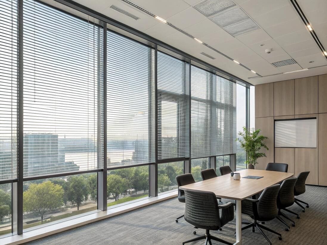 Sleek aluminum venetian blinds in a professional office for glare reduction and privacy.