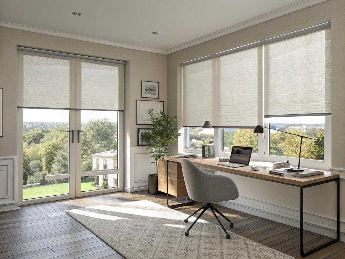 Home office with smart dual roller shades for versatile light filtering and productivity.