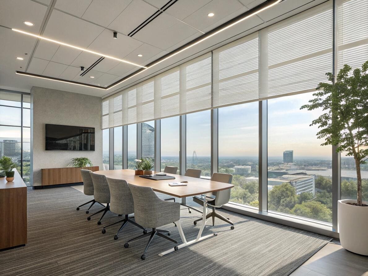 Light-filtering cellular shades enhancing a modern conference room with panoramic city views.