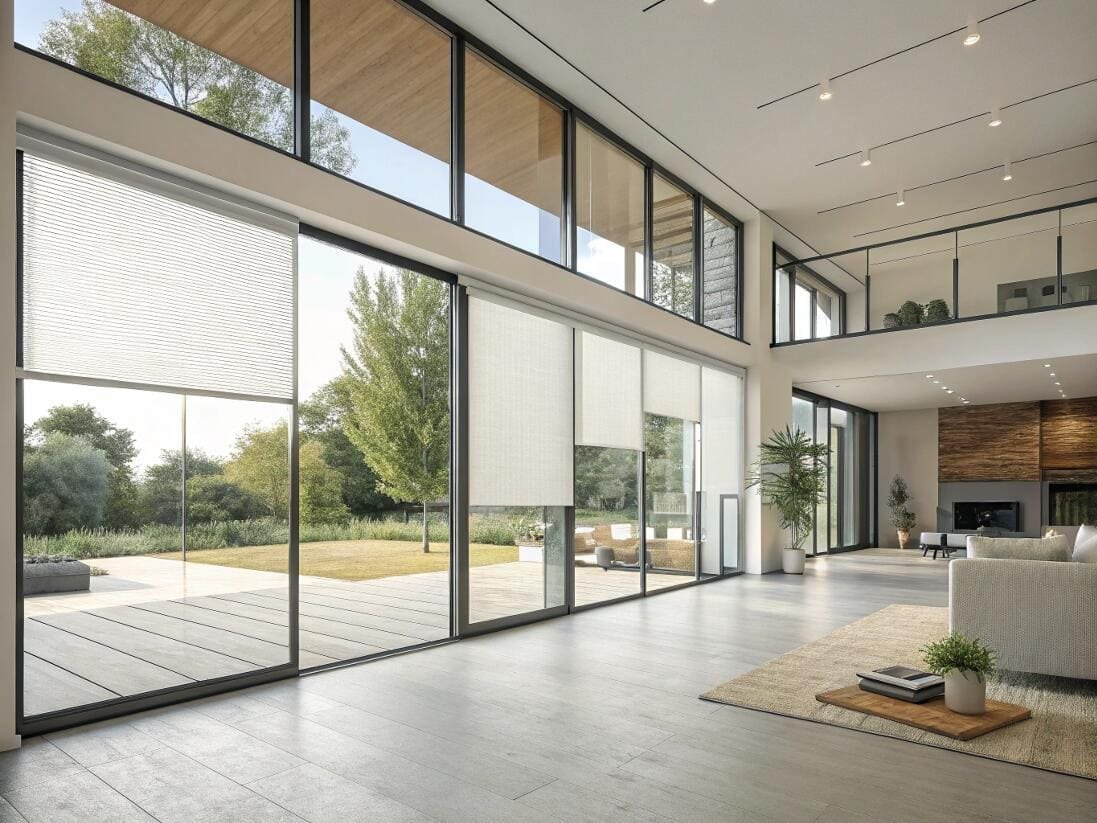 Large motorized cellular and roller shades on floor-to-ceiling windows in a modern space.