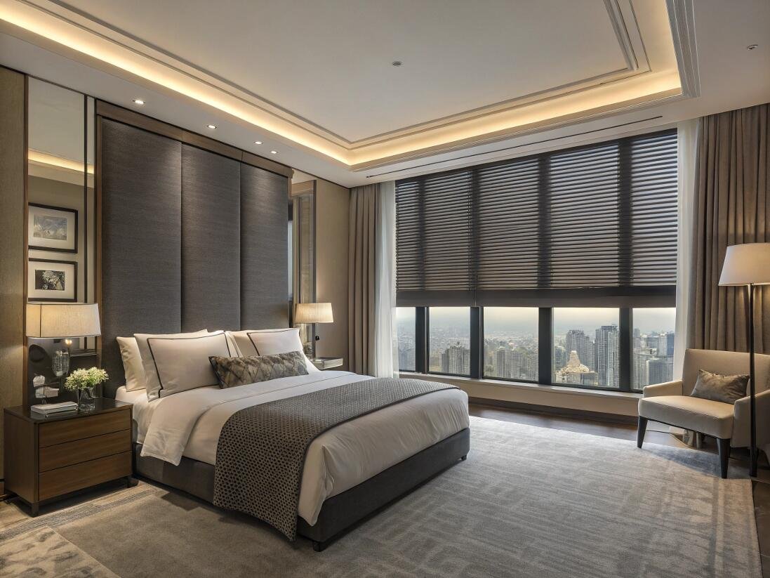 Motorized venetian blinds providing excellent light control in a luxury hotel bedroom.