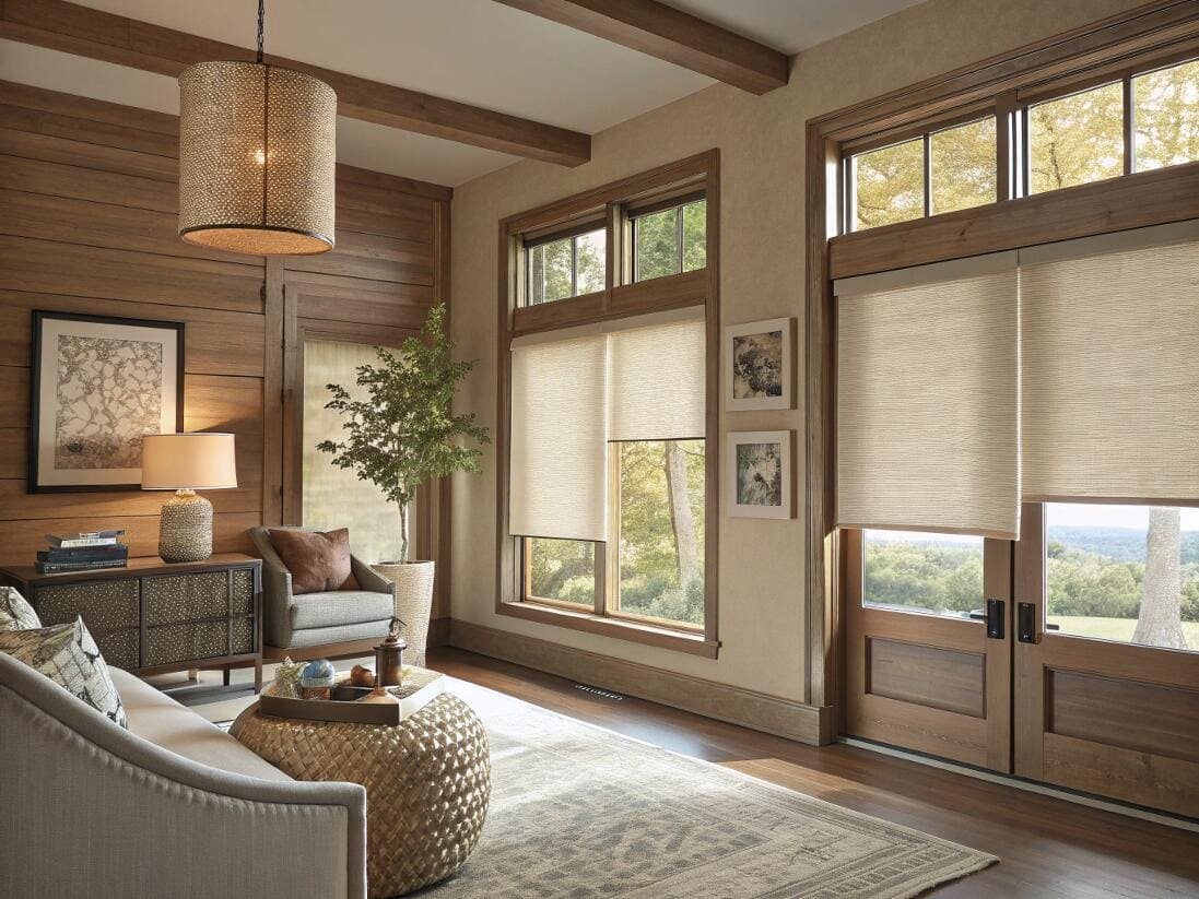 Textured solar roller shades complementing a rustic living room with wood-framed windows.