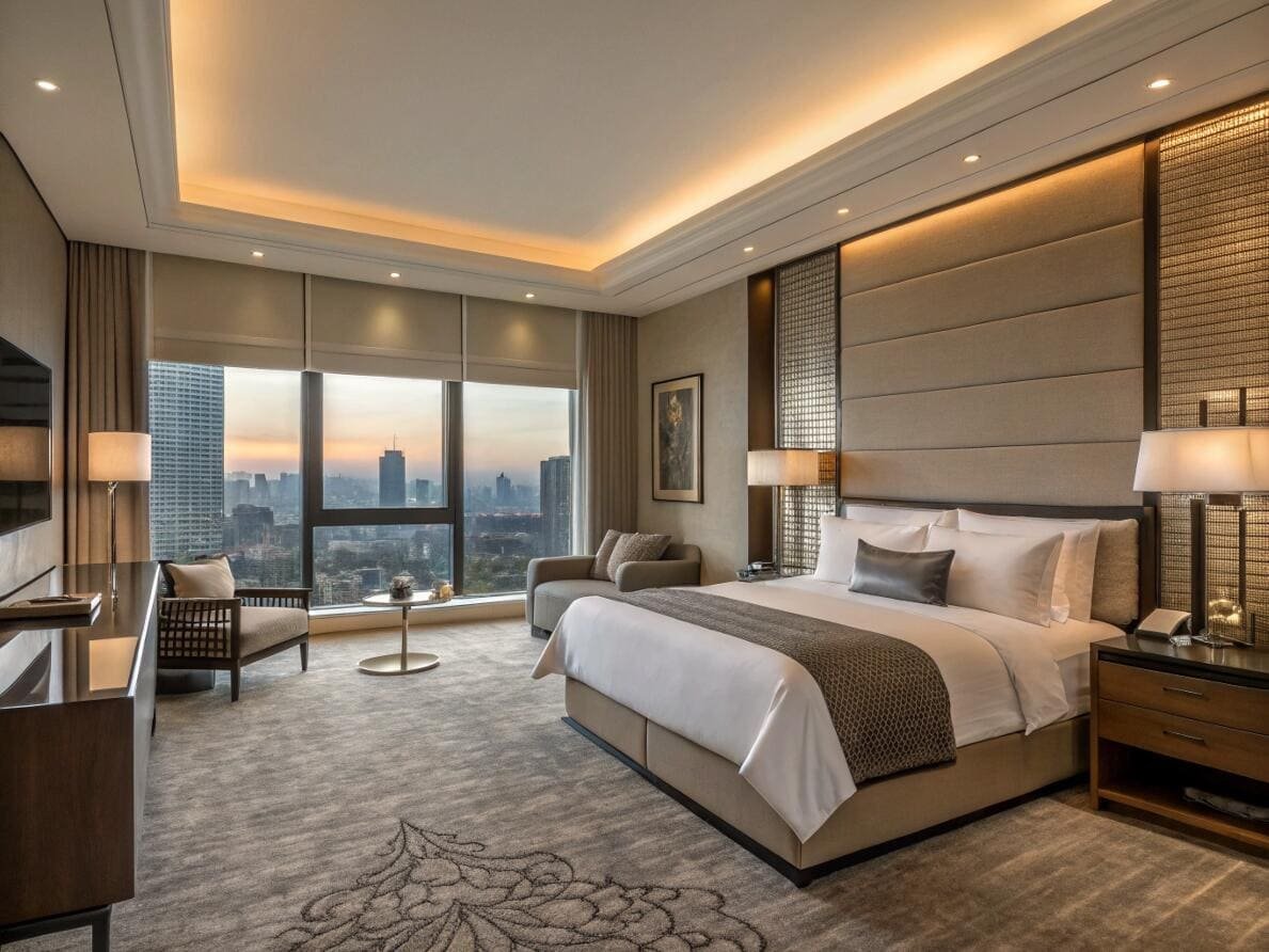 Dual roller shades with blackout fabric ensure privacy in a luxury hotel suite.
