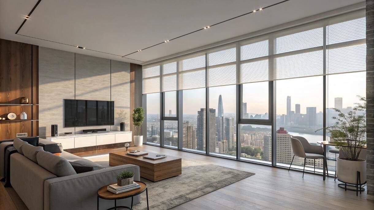 Motorized dual roller shades offer versatile light control in a modern high-rise apartment.