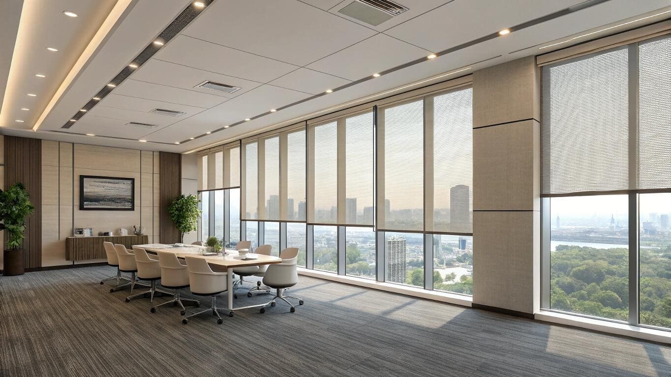 Commercial solar shades reduce glare in a modern office boardroom with city views.