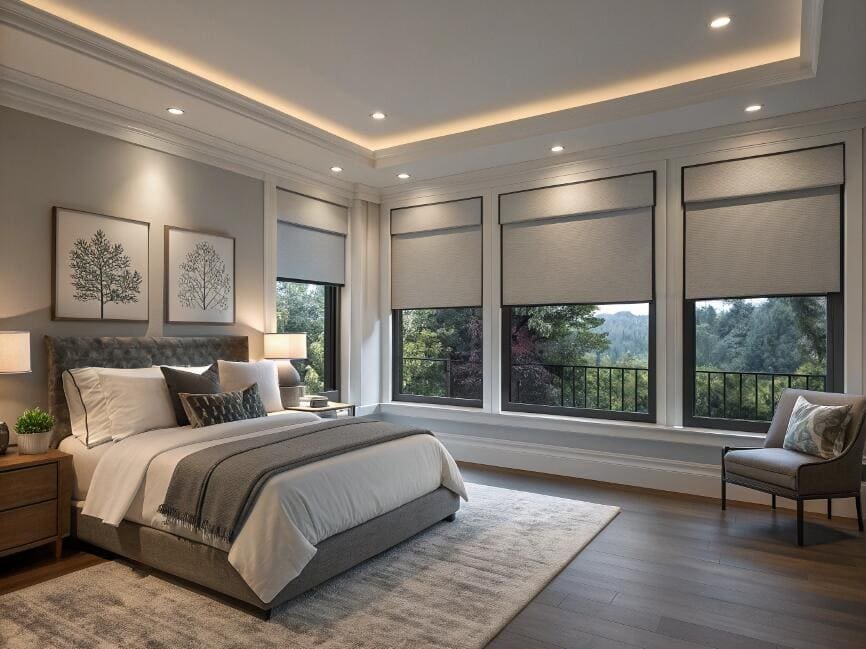 Minimalist gray roller shades offer privacy and style in a modern master bedroom.