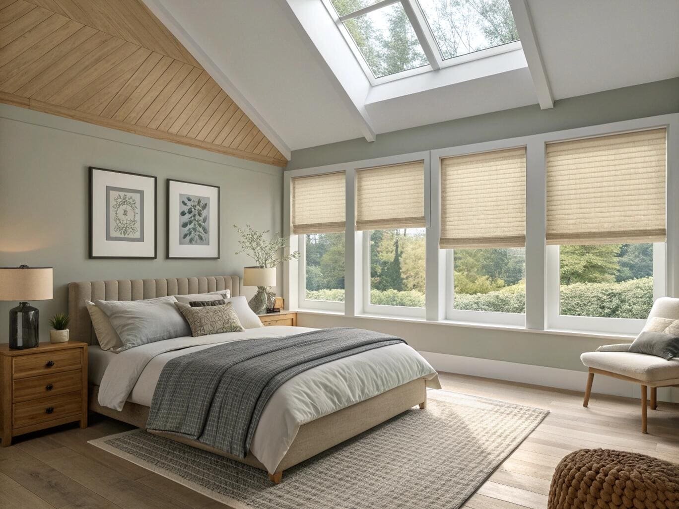 Textured roman shades add natural warmth to a serene bedroom with skylights.