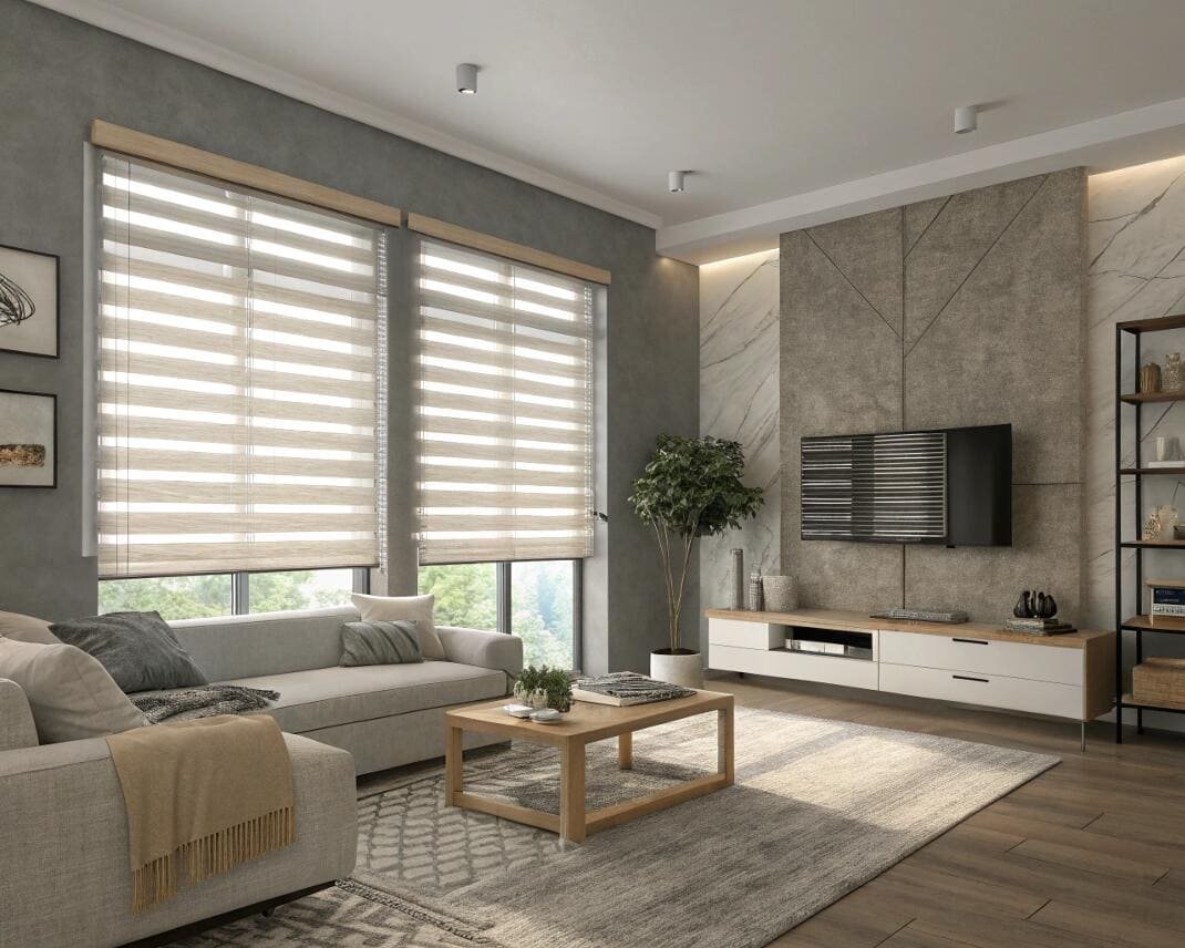 Contemporary living room featuring a sofa and wide windows with light-filtering zebra blinds.