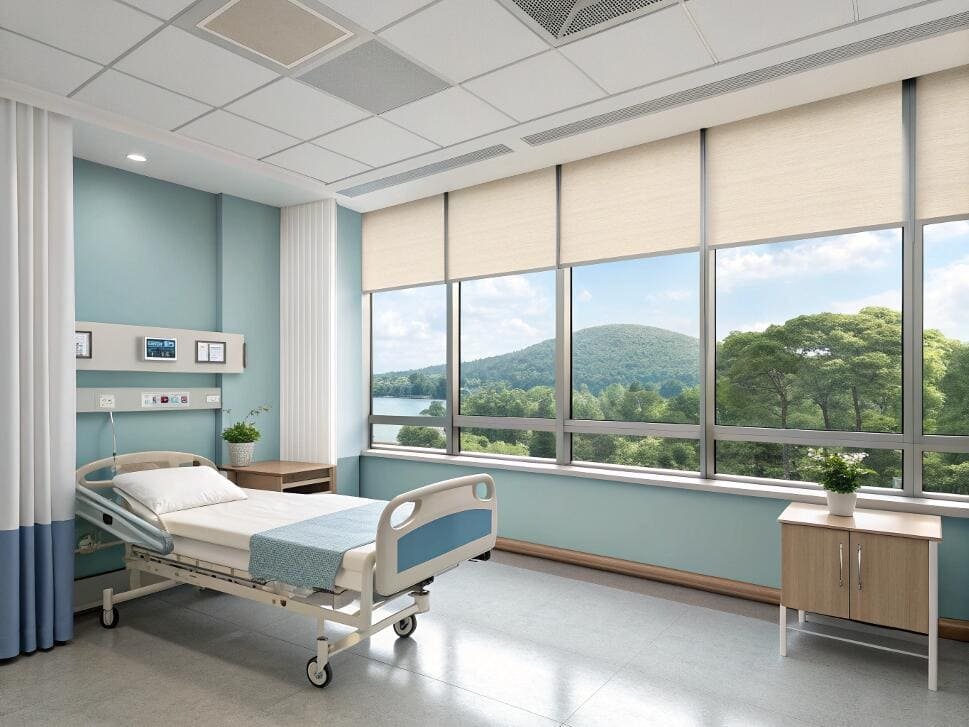 Easy-to-clean roller shades provide privacy and comfort in a modern healthcare facility.