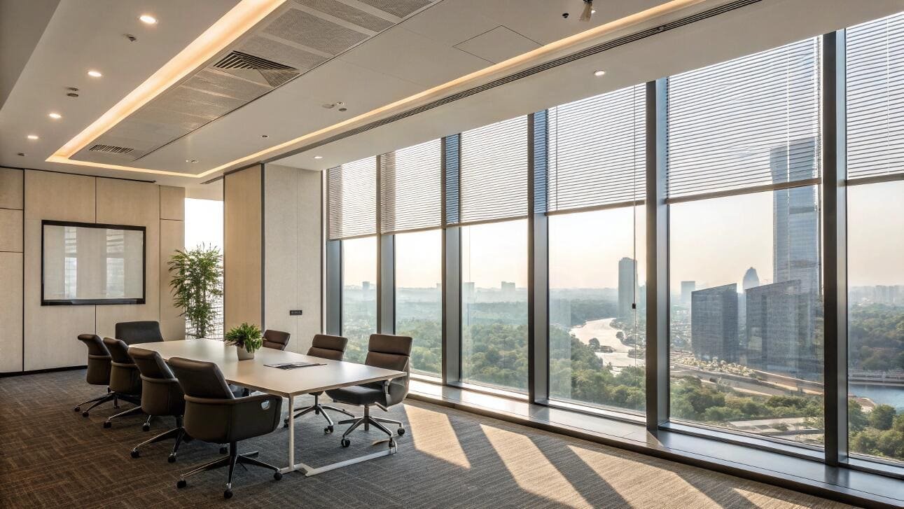 Sleek venetian blinds offer professional light control for a high-rise executive office boardroom.