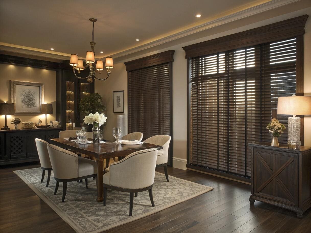 Dark wood venetian blinds create a rich, formal atmosphere in a classic dining room.