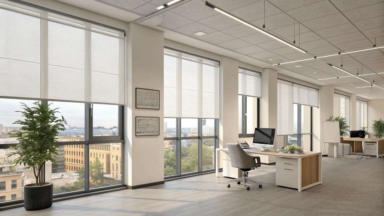 White cellular shades create a clean, uniform look for a bright modern office project.