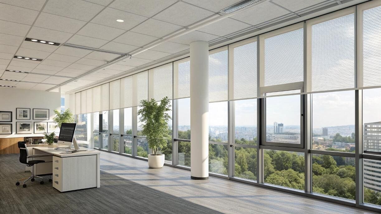 Light-filtering pleated blinds manage glare across floor-to-ceiling windows in a modern office.