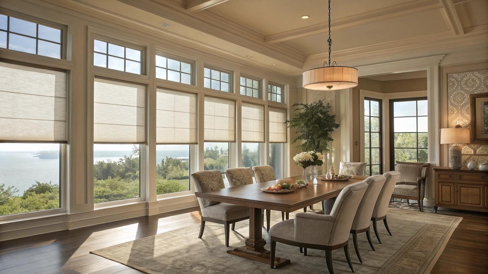 Top-down Roman shades offer light and views in a luxurious waterfront dining room.