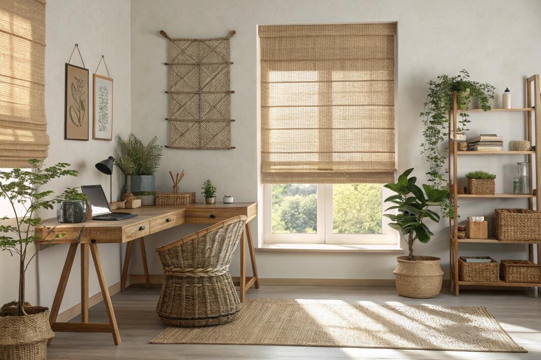 Boho home office with natural woven wood Roman shades.