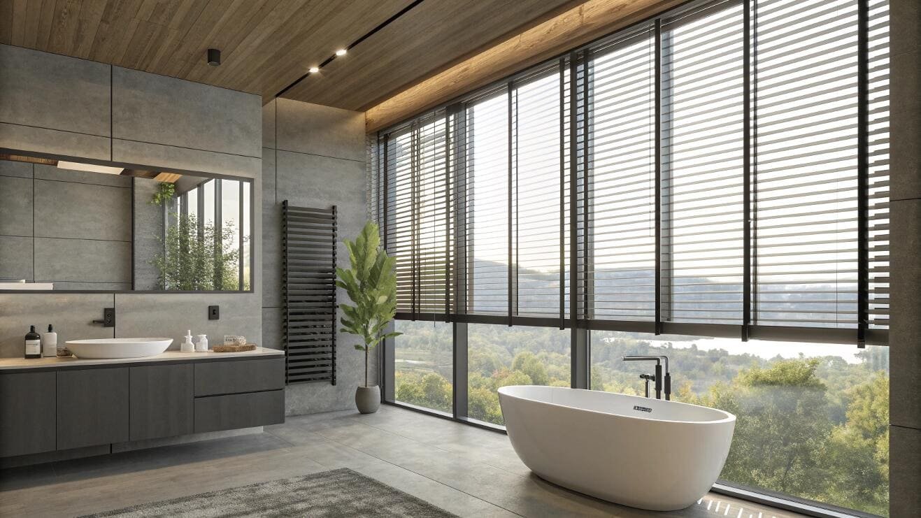 Black faux wood blinds add a bold, modern look to a bathroom with panoramic views.