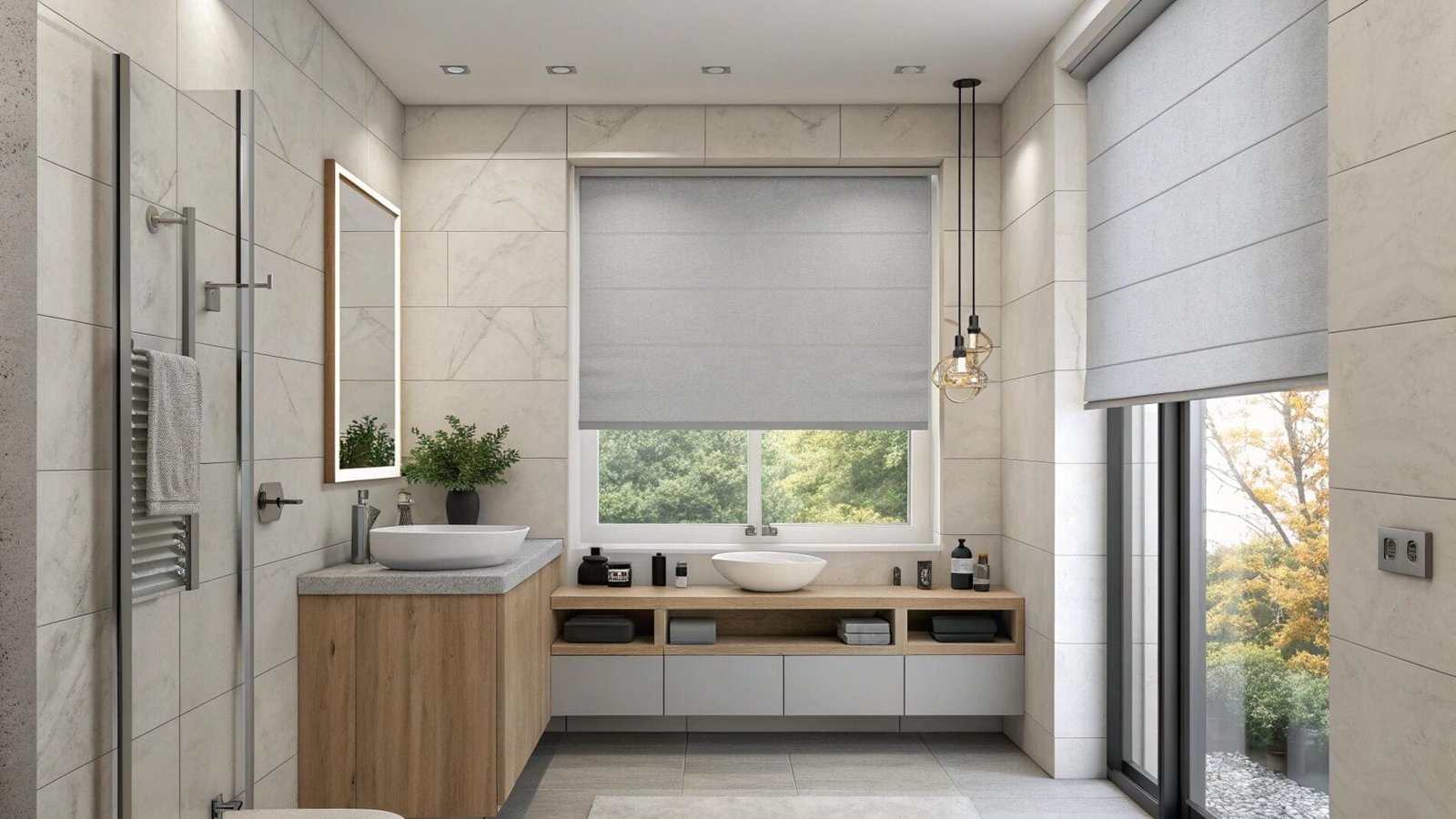 Moisture-resistant fabric Roman shades provide privacy in a clean, modern bathroom setting.
