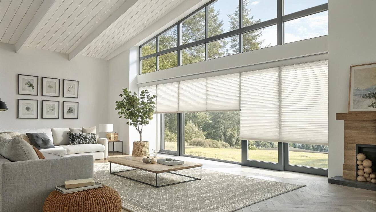 White cellular shades cover large windows in a bright living room with vaulted ceilings.