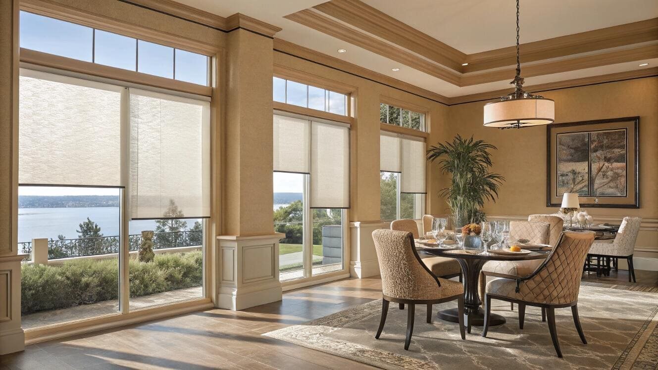 Cellular shades offer light control and insulation for a dining room with waterfront views.