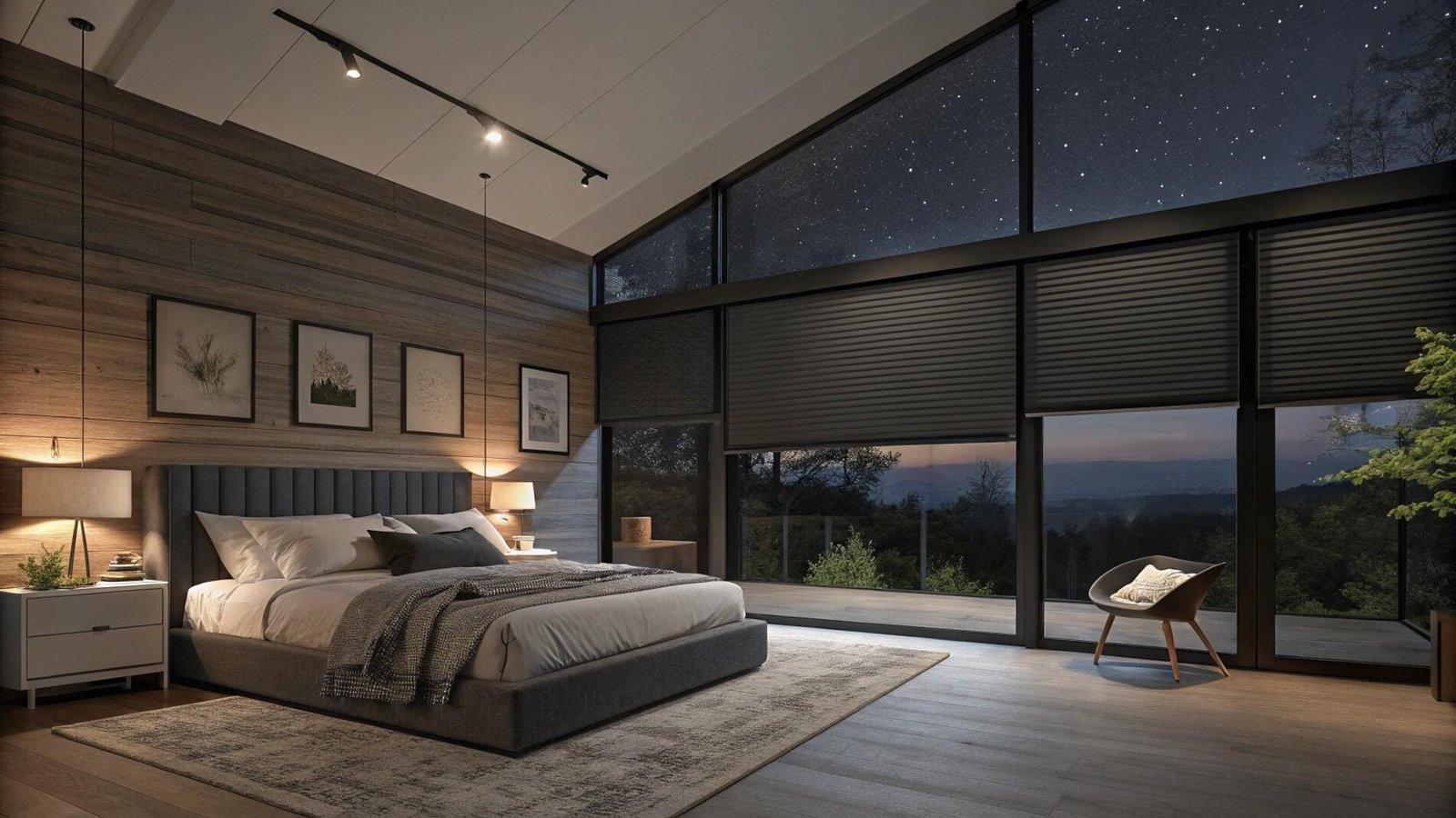 Blackout cellular shades on large windows ensure complete darkness in a modern bedroom.