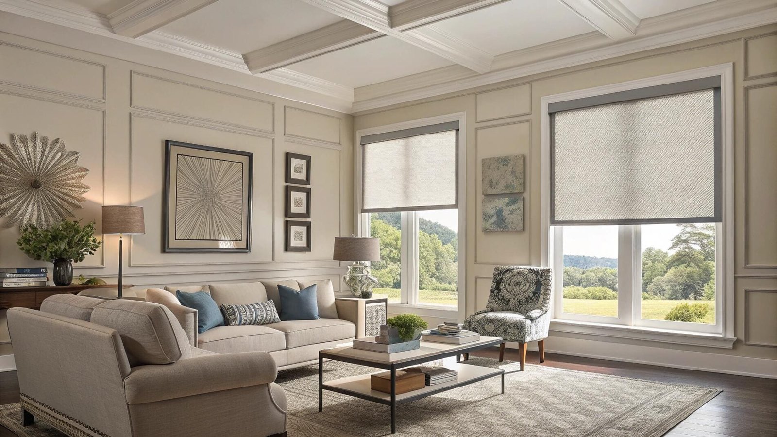 Dual roller shades offer flexible light control in a traditional living room setting.