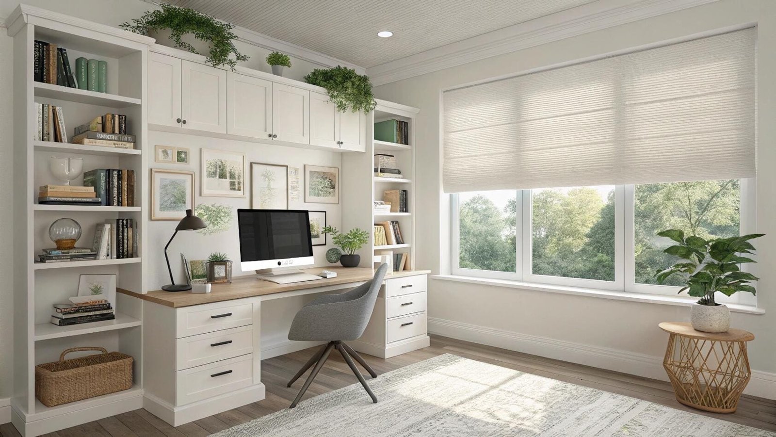 A wide light-filtering Roman shade reduces screen glare in a bright home office.