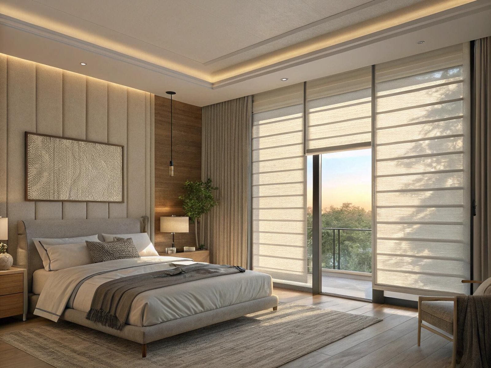 Luxurious bedroom with balcony access and sophisticated light filtering shades.