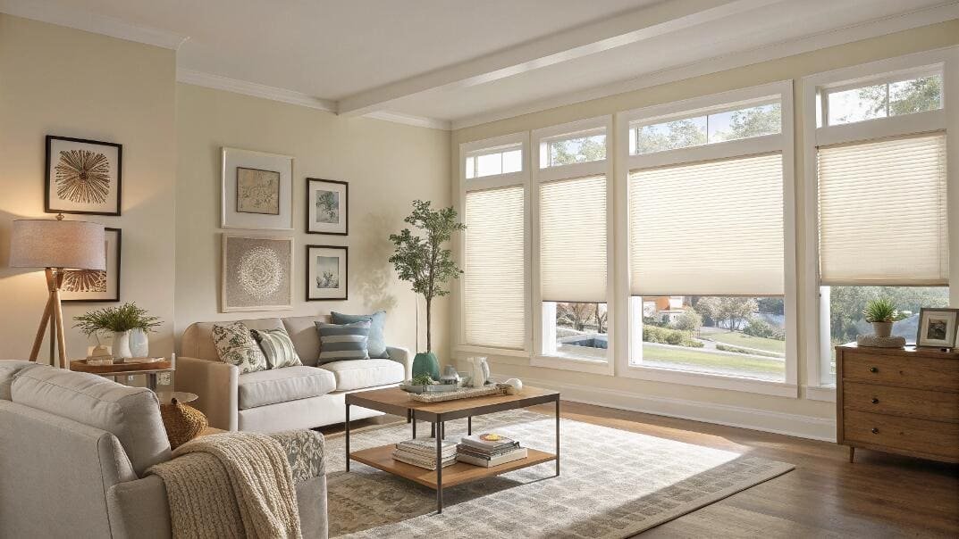 Bottom-up cellular shades offer flexible privacy and natural light in a bright living room.