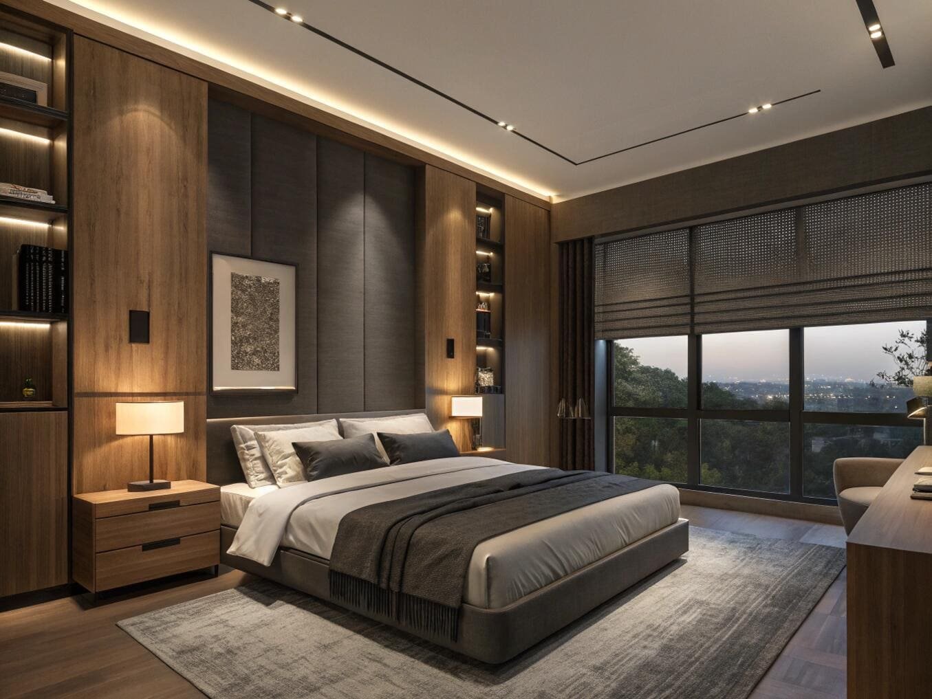Woven roman shades offer textured light filtering in a sophisticated, modern bedroom design.
