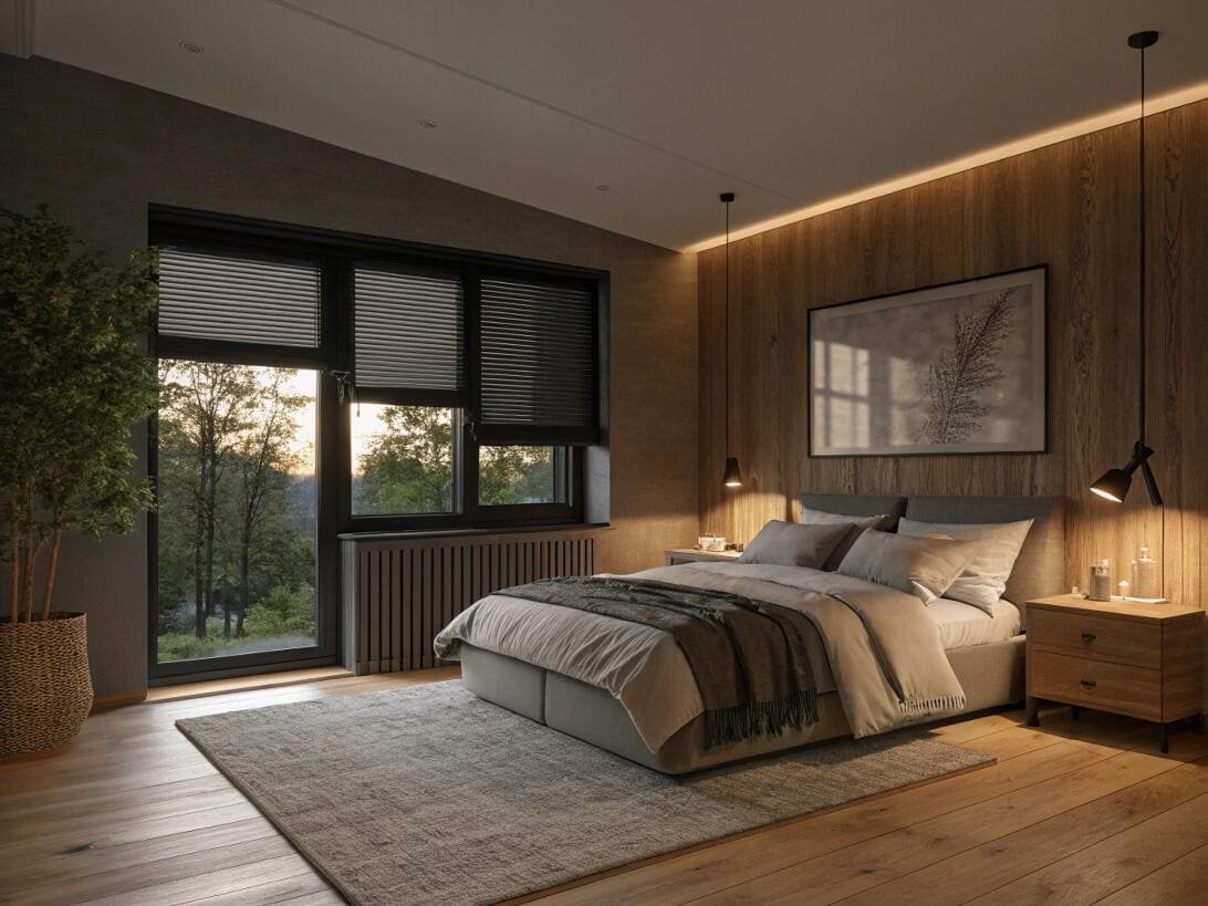 Serene bedroom with dark pleated shades for privacy and light control.